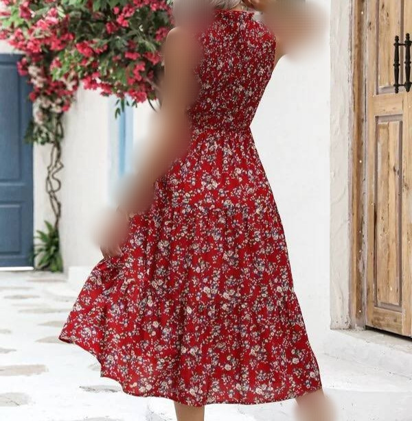 پیراهن نخی گلدار قرمز